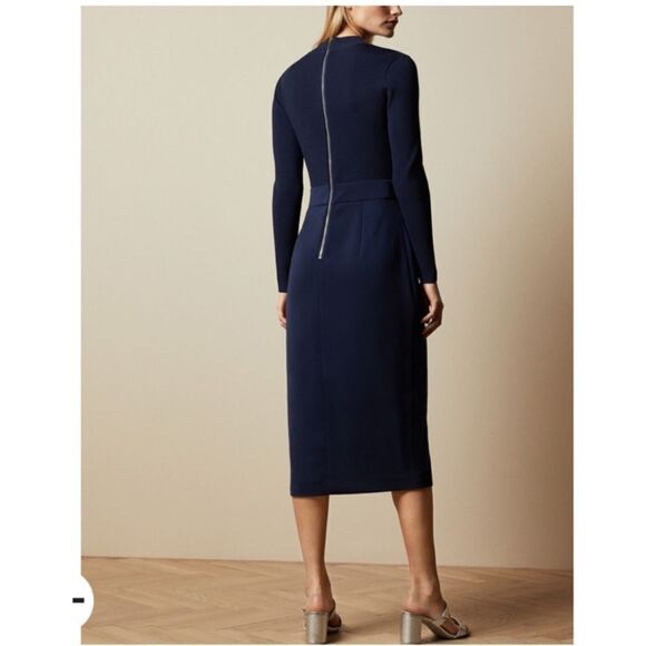 Ted Baker 5/14 Ellhad Navy Mock Neck Knit Combo Long Sl D-Belted Back Zip Dress - Picture 2 of 16